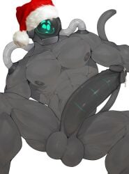 absurd_res anthro bodily_fluids byte_(deuzion) christmas christmas_clothing christmas_headwear clothing deuzion dripping erection genital_fluids genitals hat headgear headwear hi_res holidays machine male male_only muscular muscular_male nude nude_male penis precum precum_drip robot robotic_penis santa_hat solo