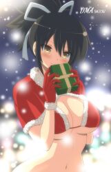 1girls absurdres asuka_(senran_kagura) bikini bikini_top breasts brown_eyes brown_hair capelet christmas cleavage dmayaichi female female female_only gift_box highres holding_object large_breasts looking_at_viewer navel ponytail red_bikini santa_costume senran_kagura smile solo swimsuit upper_body