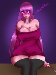 big_breasts blood_on_hand blush cleavage crazy_eyes glowing_eyes original_character pink_hair sophie_queen11 stockings thick_thighs yandere