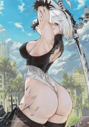 1girls 2023 ass ass_focus big_breasts blue_eyes female female_only hi_res howxen large_breasts leotard light-skinned_female looking_at_viewer nier:_automata plump_ass slim_waist solo stockings thick_ass thick_thighs thighhighs white_hair wide_hips yorha_2b