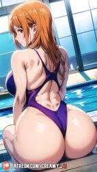 ai_generated ass big_ass big_breasts brown_eyes closed_mouth creamy_ai female female_only from_behind hi_res long_hair looking_back nami nami_(one_piece) one_piece one_piece_swimsuit orange_hair patreon_username perky_breasts pool post-timeskip sideboob sitting swimsuit