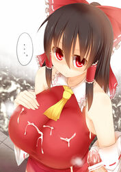 ... bow breasts cum cum_on_breasts cum_on_clothes facominn female hairbow huge_breasts japanese_clothes miko penis reimu_hakurei ribbon touhou