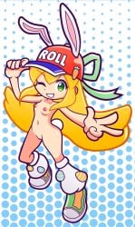 1girls 2023 accurate_art_style alternate_costume alternate_version_available blonde_hair breasts bunny_ears female female_only furii_(artist) green_eyes hat long_hair mega_man mega_man(classic) mega_man_x_dive naked_footwear navel nipples nude nude_female pink_nipples pussy puyo_puyo_artstyle ribbon roll shoes simple_background small_breasts solo solo_female style_parody very_long_hair wink