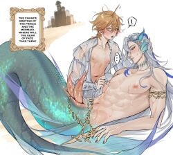 aether_(genshin_impact) black_nails blonde_hair blue_eyebrows blue_eyelids blue_eyes blushing_male diphallia diphallism gay genshin_impact gold_eyes hard_nipples jewelry looking_at_penis male male/male male_only male_with_painted_nails markings merfolk mermaid merman multi_genitalia multi_penis muscular muscular_male neuvillette_(genshin_impact) nose_bleed partially_clothed_male penis pnk_crow tattoos text_box text_bubble wet_skin white_hair yaoi