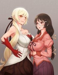 2girls armwear big_breasts black_hair blonde_hair breast_press breasts breasts_to_breasts brown_eyes cleavage dress elbow_gloves female_only glasses gloves hanekawa_tsubasa huge_breasts kiss-shot_acerola-orion_heart-under-blade long_ears long_hair monogatari_(series) multiple_girls ponytail ribbon school_uniform skirt yellow_eyes zhen_lu