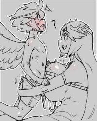 1boy 1girls ? big_breasts breasts cum_between_breasts ejaculation_between_breasts female female_grab_male_ass hug huge_breasts innocent_paizuri kid_icarus kid_icarus_uprising male minkye monochrome nintendo paizuri paizuri_hug paizuri_under_clothes palutena pit pit_(kid_icarus) sexually_ignorant size_difference smaller_male straight unaware_paizuri wings