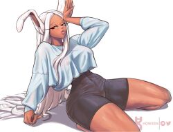 1girls 2023 athletic_female big_breasts bunny_ears bunny_girl dark-skinned_female dark_skin female female_only full_lips hi_res hourglass_figure howxen kemonomimi kneeling large_breasts long_eyelashes long_hair looking_at_viewer mature_female miruko my_hero_academia narrowed_eyes red_eyes rumi_usagiyama sitting slim_waist solo thick_thighs very_long_hair white_background white_hair wide_hips