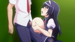 1boy 1girls animated anime big_breasts censored duo female gif hatsunegaoka_yui hentai honoo_no_haramase_oppai_ero_appli_gakuen huge_breasts large_breasts long_hair looping_animation male nipples paizuri screencap tagme