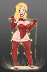 adult_swim beth_smith blonde_hair christmas christmas_clothing christmas_outfit cleavage color curvy curvy_female diklonius female female_only high_heels huge_breasts long_hair looking_at_viewer mature_female rick_and_morty stockings thick_thighs voluptuous whip wide_hips