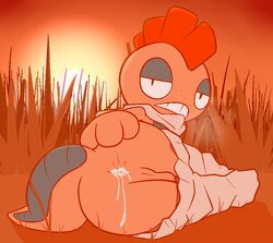 2017 3_fingers after_sex anthro anus ass balls black_eyes clothed clothing cum cum_bubble cum_in_ass cum_inside cum_leaking cum_on_ass grass half-closed_eyes looking_at_viewer looking_back lying male male_only mohawk nintendo orange_body outside pants_down partially_clothed perineum pokémon_(species) pokemon presenting presenting_anus presenting_hindquarters scrafty solo solo_male spread_ass spreading sunset thanu video_games