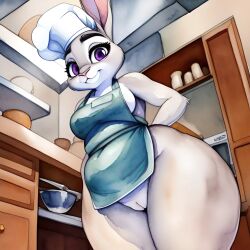 1girls 2020s 2023 ai_generated anthro apron bottom_heavy bottomless bottomless_female chef_hat disney female female_only frosting.ai furry furry_female half_naked judy_hopps kitchen naked_apron pussy scalieton self_upload thick_thighs vagina wide_hips zootopia