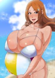 beach_ball bleach breasts_bigger_than_head curvaceous eyebrows_visible_through_hair flower_hair_ornament flowing_hair hair_ornaments holding_beach_ball huge_breasts inoue_orihime kazama_dojo long_hair massive_breasts nipple_bulge orange_hair propped_up skimpy_bikini skindentation