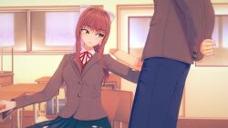 1boy 1girls 3d 3d_animation ahegao animated classroom cum cum_on_face doki_doki_literature_club facial green_eyes handjob indoors koikatsu light-skinned_female light-skinned_male light_brown_hair light_skin loop mashirosolera mc_(doki_doki_literature_club!) monika_(doki_doki_literature_club) no_sound partial_male pout sex tagme video video_games white_ribbon