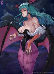 1girls 2023 areola_slip bat_print capcom cleavage clothing darkstalkers female female_only gauntlets green_eyes green_hair head_wings hi_res howxen large_breasts leotard long_hair looking_at_viewer morrigan_aensland narrowed_eyes pantyhose purple_pantyhose sharp_fingernails solo succubus succubus_wings thick_thighs wings