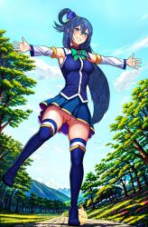 1girls ai_generated aqua_(konosuba) blue_eyes blue_hair blue_skirt blue_vest detached_sleeves dragon female female_only forest green_bowtie hair_between_eyes hair_ornament kono_subarashii_sekai_ni_shukufuku_wo! looking_at_viewer outdoors pussy self_upload solo stable_diffusion thighhighs thighhighs_under_boots uncensored upskirt