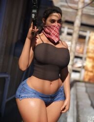 3d ass athletic athletic_female bandana big_ass booty_shorts breasts brown_eyes brown_hair busty cleavage criminal curvaceous curvy denim_shorts female female_only grand_theft_auto grand_theft_auto_vi hispanic hourglass_figure latina long_hair lucia_(gta) makeup narrow_waist navel nipples ponytail puerto_rican rude_frog short_shorts shorts solo solo_female tagme thick_thighs voluptuous wide_hips