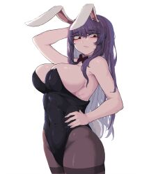 1girls 2d bare_shoulders belly_button big_breasts blush breasts bunny_costume bunny_ears bunny_girl bunny_suit bunnysuit female humanoid long_hair pantyhose purple_hair red_eyes reisen_udongein_inaba son_(artist) source touhou