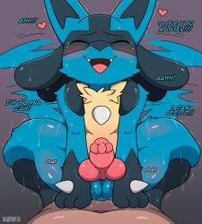 anal anal_sex animal_genitalia anthro biped blue_body cowgirl_position dialogue duo from_front_position fur generation_4_pokemon genitals happy happy_sex heart hi_res human human_on_anthro interspecies kaffii lucario male male_only male_penetrated mammal nintendo on_bottom on_top penetration penile penile_penetration penis pokemon pokemon_(species) pokephilia sex