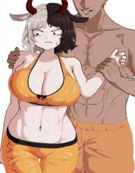 1boy 1girls 2d belly belly_button big_breasts black_hair blush breasts cow_ears cow_girl cow_horns crop_top embarrassed female grabbing_hand hand_grab hand_on_shoulder looking_down male multicolored_hair short_hair shorts shy smile smiling son_(artist) source sweatdrop touhou urumi_ushizaki white_hair