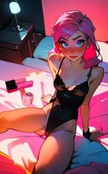 1girls ai_generated blue_eyes colorful detailed_eyes eye_contact eyes female lingerie lipstick looking_at_viewer neon_light nightstand original original_character pink_hair pink_theme posing_for_the_viewer solo solo_female solo_focus stylized taliredmint