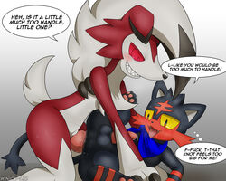 2017 2boys all_fours anal anal_sex anthro anthro_on_feral ass balls bandana black_fur canine dialogue duo english_text fangs feline feral fur furry gay interspecies knot litten lycanroc male male_on_feral male_only mammal midnight_lycanroc nintendo open_mouth pawpads paws penetration penis pokémon_(species) pokemon pokemon_(species) pokemon_sm red_eyes red_fur red_sclera saliva sex size_difference teeth testicles text thinking tight_fit tongue tongue_out video_games white_fur winick-lim yellow_sclera zoophilia