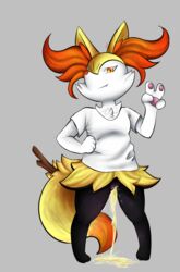 2017 anthro biped bottomless braixen canine clothed clothing digital_media_(artwork) female fur hand_on_hip hi_res inner_ear_fluff looking_at_viewer mammal nintendo peeing pokémon_(species) pokemon pokemon_(species) pussy raveneevee shirt simple_background smile solo standing t-shirt teeth urine video_games watersports white_fur