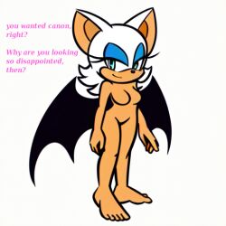 ai_generated barefoot big_ears breasts breasts canon eyelashes eyeshadow featureless_breasts female humor membrane_(anatomy) mobian_(species) naked no_nipples no_vagina nude rouge_the_bat smile sonic_(series) sonic_the_hedgehog_(series) stable_diffusion standing talking_to_viewer tan_fur teal_eyes text toes white_hair wings