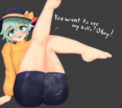 1boy 2d_(artwork) ass bulge cock femboy gay genderswap_(ftm) green_eyes green_hair hat heart koishi_komeiji lad_der looking_at_viewer male_only penis penis_visible_through_pants rachelultrakill rule_63 spats sweat sweaty text thighs touhou twink yellow_sweater