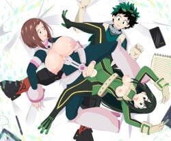 1boy 1girls 2girls 3some areola areolae bed bedroom big_breasts big_nipples big_penis boku_no_hero_academia breasts breasts_out brown_eyes brown_hair double_tribadism_on_penis female ffm_threesome green_eyes green_hair hero_outfit_(mha) huge_breasts huge_cock izuku_midoriya large_breasts long_hair male male/female medium_hair messy_hair my_hero_academia nipples ochako_uraraka penis penis_between_pussy sombra222 threesome tribadism_on_penis trio tsuyu_asui