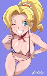 1girls bikini blonde_hair blue_eyes blush chicago-x collarbone digimon digimon_universe:_appli_monsters erena_kibayashi female female_only grin human lips long_hair looking_at_viewer medium_breasts ponytail shiny shiny_skin smile solo wink