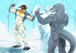 abs anthro ass avian balls beak bird casual_nudity claws dinosaur duo flaccid flexing flexing_bicep genitals grey_body grey_scales humanoid_genitalia humanoid_penis ice ice_sculpture kronosaurus male_only modelling muscular muscular_anthro muscular_male open_mouth penguin penis pig_(artist) reptile scales scalie sharp_teeth smile snow spiked_tail spikes spikes_(anatomy) standing tail teeth winter