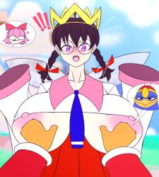 ! 2023 areolae big_breasts black_hair breast_grab breasts clothing crown dragonbreaker fairy female female_focus first_person_view glasses gloves grabbing groping hair_ribbon huge_breasts king_dedede kirby_(series) kirby_64 large_areolae necklace nintendo nipples open_mouth pov purple_eyes queen_ripple ribbon ribbon_(kirby) round_glasses speech_bubble twin_braids underboob wings