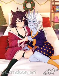 akumi blue_eyes brown_hair momotexx_(vtuber) oni oni_horns red_eyes virtual_youtuber vyugen white_hair white_skin wolf_ears wolf_girl wolf_tail