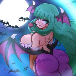 1girls 2023 ass bat bat_print big_breasts capcom clothing darkstalkers female female_only flower full_moon gauntlets green_eyes green_hair head_wings hi_res large_breasts long_hair looking_at_viewer looking_back looking_back_at_viewer morrigan_aensland pantyhose pholycarpie purple_pantyhose rose_(flower) rose_in_mouth smiling smiling_at_viewer solo succubus succubus_wings wings