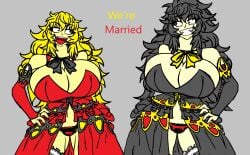 big_breasts color colored edit edited huge_breasts incest incest_marriage looking_at_another looking_at_partner mother_and_daughter no_sex raven_branwen rwby smile smiling thick_thighs wedding_dress wedding_ring yang_xiao_long zarvex3