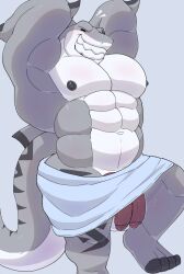 2022 2_penises abs anthro barazoku big_muscles digital_media_(artwork) diphallia diphallism fish full-length_portrait genitals grey_body grin hand_behind_head hi_res horizontal_diphallism male marine multi_genitalia multi_penis muscular muscular_male nipples pecs penis pinup portrait pose raised_foot same22shark same_the_shark shark simple_background smile solo standing tail tattoo towel towel_only