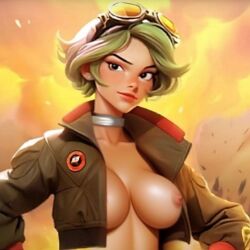 ai_generated big_breasts brown_eyes female green_hair last_war military military_uniform necklace nude padum pilot_goggles skyler(last_war)