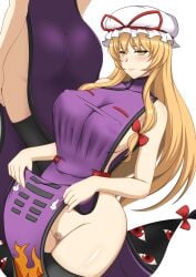 1girls 2d ass bare_shoulders big_ass big_breasts blonde_hair blonde_hair blush breasts dat_ass female flashing flashing_pussy gap hair_ribbon hat hips long_hair looking_at_viewer morikurousagi multiple_views nipple_bulge pubic_hair pussy sideboob simple_background solid_color_background solo source standing tabard tabard_lift tabard_only thighhighs thighs touhou uncensored white_background yellow_eyes yellow_hair yukari_yakumo