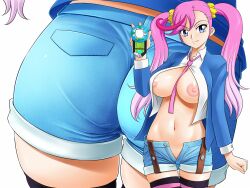 1girls ass blue_eyes breasts_out digimon digimon_universe:_appli_monsters digivice eri_karan female female_only human large_areolae large_breasts long_hair open_shirt pink_hair shirt shorts solo tie twintails