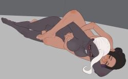 2girls belly black_body breast brown_hair brunette_hair catfight dark_skin ebony female_only grabbing grabbing_breasts grabbing_from_behind interracial leglock legs lesbian_sex naked naked_female nude nude_female original original_characters simple_background slender_body slim_waist taejaho white_hair wrestling wrestlingryona yuri yuri