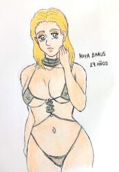 1girls 2023 aged_up attack_on_titan big_boobs big_breasts blonde_female blonde_hair_female blue_eyes_female busty curvy curvy_female female grown_up hair_down hand_drawn hand_on_cheek kaya_(attack_on_titan) looking_away nipples nipples_visible_through_bikini pencil_(artwork) shingeki_no_kyojin slim_waist small_bikini snk_andree_art solo_female spanish_text swimsuit time_skip traditional_media_(artwork) voluptuous voluptuous_female wet_hair white_background white_skin white_skinned_female young_girl