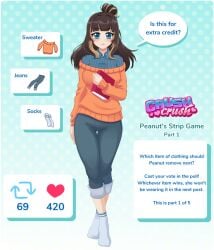 1girls accurate_art_style blue_eyes brown_hair copyright_logo crush_crush english_text female female_focus female_only jeans light-skinned_female official_art peanut_(crush_crush) sad_panda_studios socks solo strip_game sweater