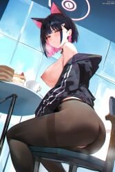 after-school_sweets_club_(blue_archive) animal_ears ass bare_shoulders black_hair black_jacket black_pantyhose blue_archive blush breasts cake cat_ears chair closed_mouth colored_inner_hair commentary_request cup extra_ears feet_out_of_frame female food from_behind hair_ornament hairclip halo highres horny indoors jacket kazusa_(blue_archive) large_breasts long_sleeves looking_at_viewer looking_back misaka_12003-gou multicolored_hair nipples off_shoulder pantyhose pink_hair pink_halo pussy_juice red_eyes short_hair sideboob sitting solo table thighband_pantyhose thighs torn_clothes torn_pantyhose trinity_general_school_student twitter_username two-tone_hair underboob