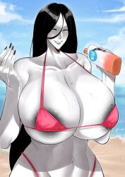 1girls beach big_breasts bikini black_hair breasts busty closed_eyes curvaceous curvy curvy_body curvy_female curvy_figure female huge_breasts kimouji large_breasts long_hair lotion lotion_bottle margarete_(kimouji) mole mole_on_breast original original_character voluptuous