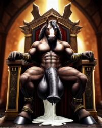 1boy ai_generated anthro cum cum_drip cumshot equid equine equine_genitalia equine_penis horse horse_penis horseballs horsecock huge_balls huge_cock lonely_man muscles muscular muscular_anthro muscular_male throne throne_room