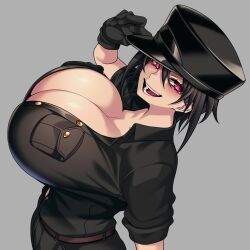 1girls big_breasts black_fur black_glove black_handwear black_shirt blush camui_kamui_(hz_666v) cap female female_only hat light-skinned_female light_skin looking_at_viewer opened_mouth original red_eyes solo zepia_(camui_kamui)