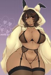 1girls 2023 8owties big_breasts black_eyes black_hair blush choker dark-skinned_female dark_skin female female_only garter_belt garter_straps generation_7_pokemon hair_clips hi_res hood hooded_cloak humanized lingerie mimi_(8owties) mimikyu nintendo nipples nipples_visible_through_clothing open_mouth pokémon_(species) pokemon pussy simple_background solo stockings thick_lips thick_thighs wide_hips