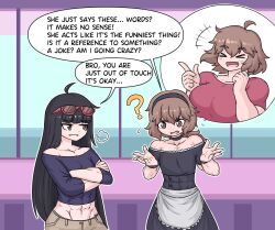 1boy 2girls abs big_breasts bigger_female black_hair brown_eyes brown_hair female maid_uniform muscular_female muscular_male muscular_pecs red_glasses red_shirt sheepapp small_breasts smaller_female smaller_male smiling text tight_clothing violet_shirt