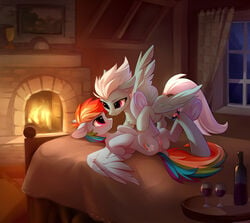 2017 anus blush cutie_mark detailed_background dock duo equine eye_contact feathered_wings feathers female feral fire fireplace fleetfoot_(mlp) friendship_is_magic hair hi_res hooves inside lying mammal multicolored_hair my_little_pony on_back pegasus pussy rainbow_dash_(mlp) rainbow_hair smile tomatocoup underhoof wine_glass wings wonderbolts_(mlp) yuri