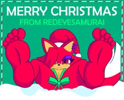 anthro asami_the_cat big_breasts breasts christmas christmas_clothing christmas_headwear clothed clothing digital_media_(artwork) ear_piercing fan_character feet female fur hair hat headgear headwear holidays humanoid long_hair looking_at_viewer lying piercing presenting red_body red_eyes red_fur red_hair redeye_samurai_(artist) ring_piercing santa_hat sega showing_feet simple_background smile snow solo sonic_(series) sonic_the_hedgehog_(series) tail toes